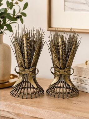 Vintage Brass Wheat Candle Holders Pair 6” Mid Century Harvest Decor